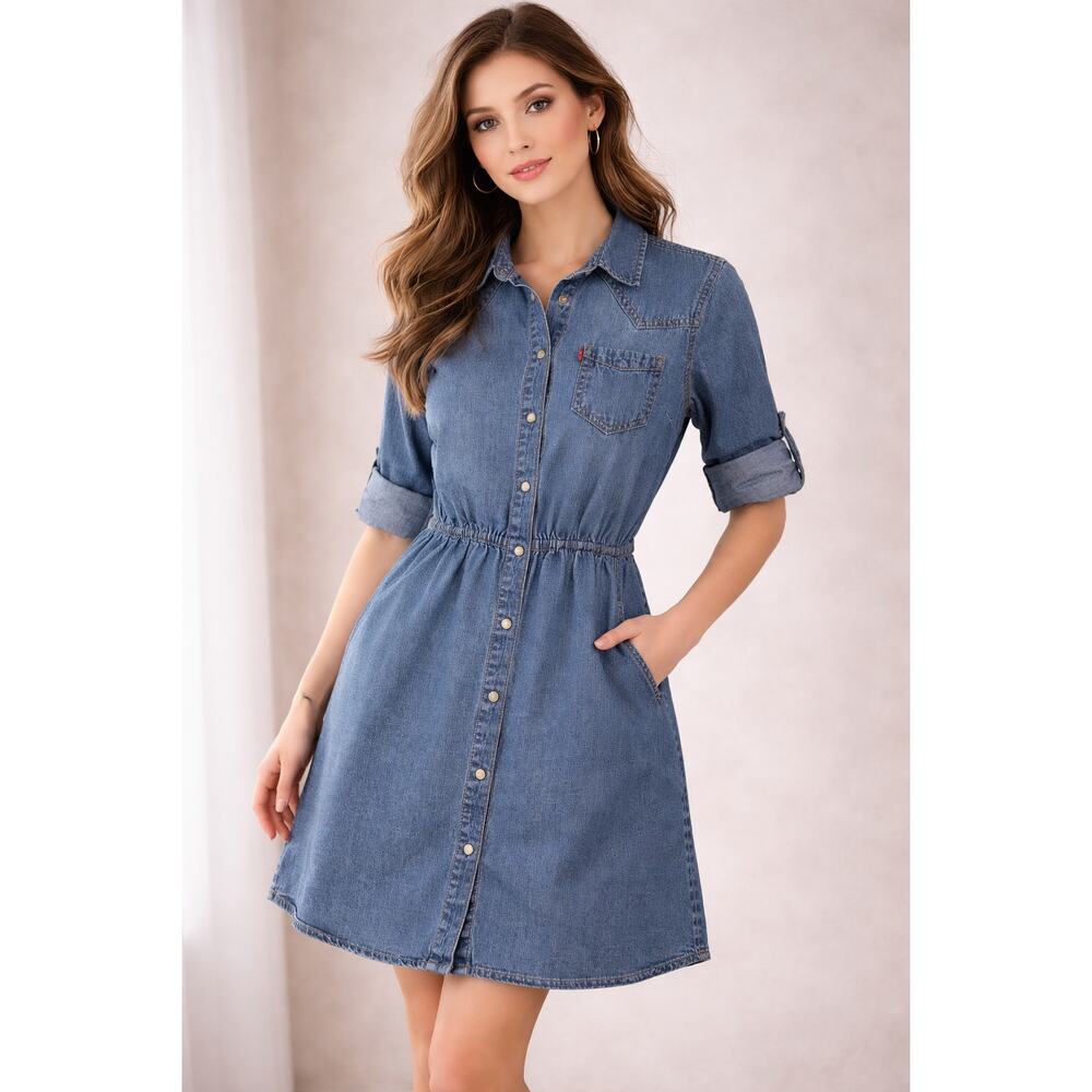 Levi's women's denim chambray sz M western snap button-down shirt dress. 